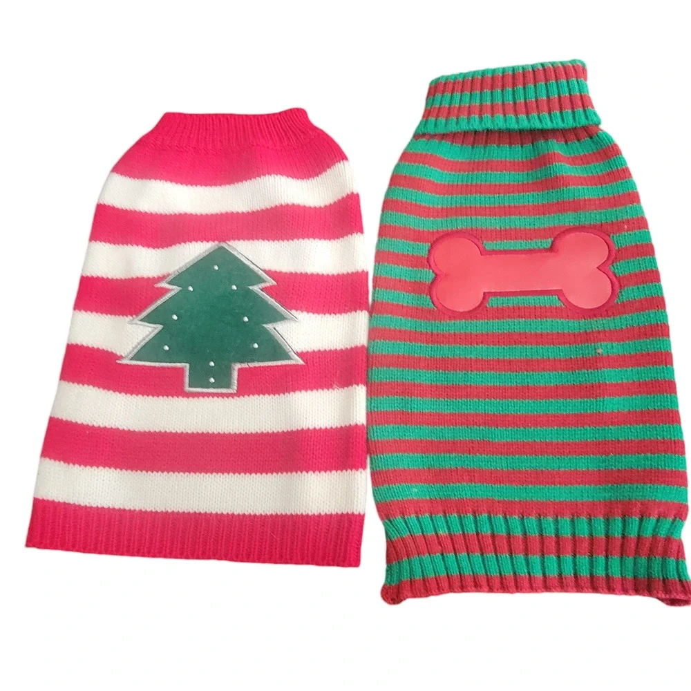Two Dog Christmas Sweaters Green Red and Red White‎ Strip Knit Size S See notes